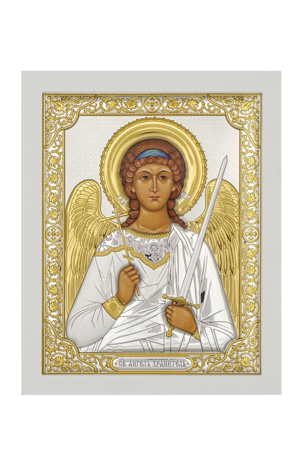 Ангел Хранитель, икона прямоугольная с рамкой, белое дерево 210х260