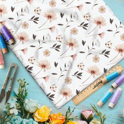 Ткань атлас полевые розовые цветы на бежевом фоне