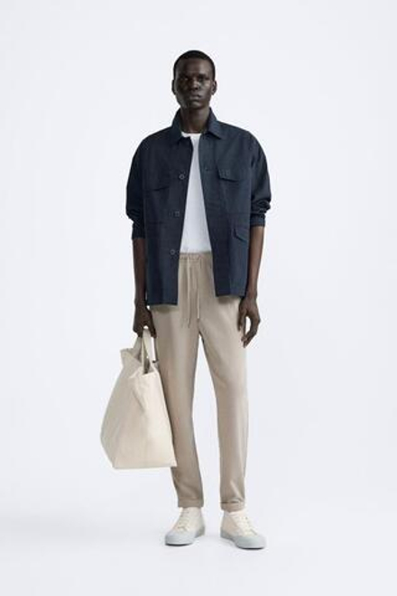 ZARA БРЮКИ EASY CARE С ПОЯСОМ НА ШНУРКЕ, СЕРО-КОРИЧНЕВЫЙ