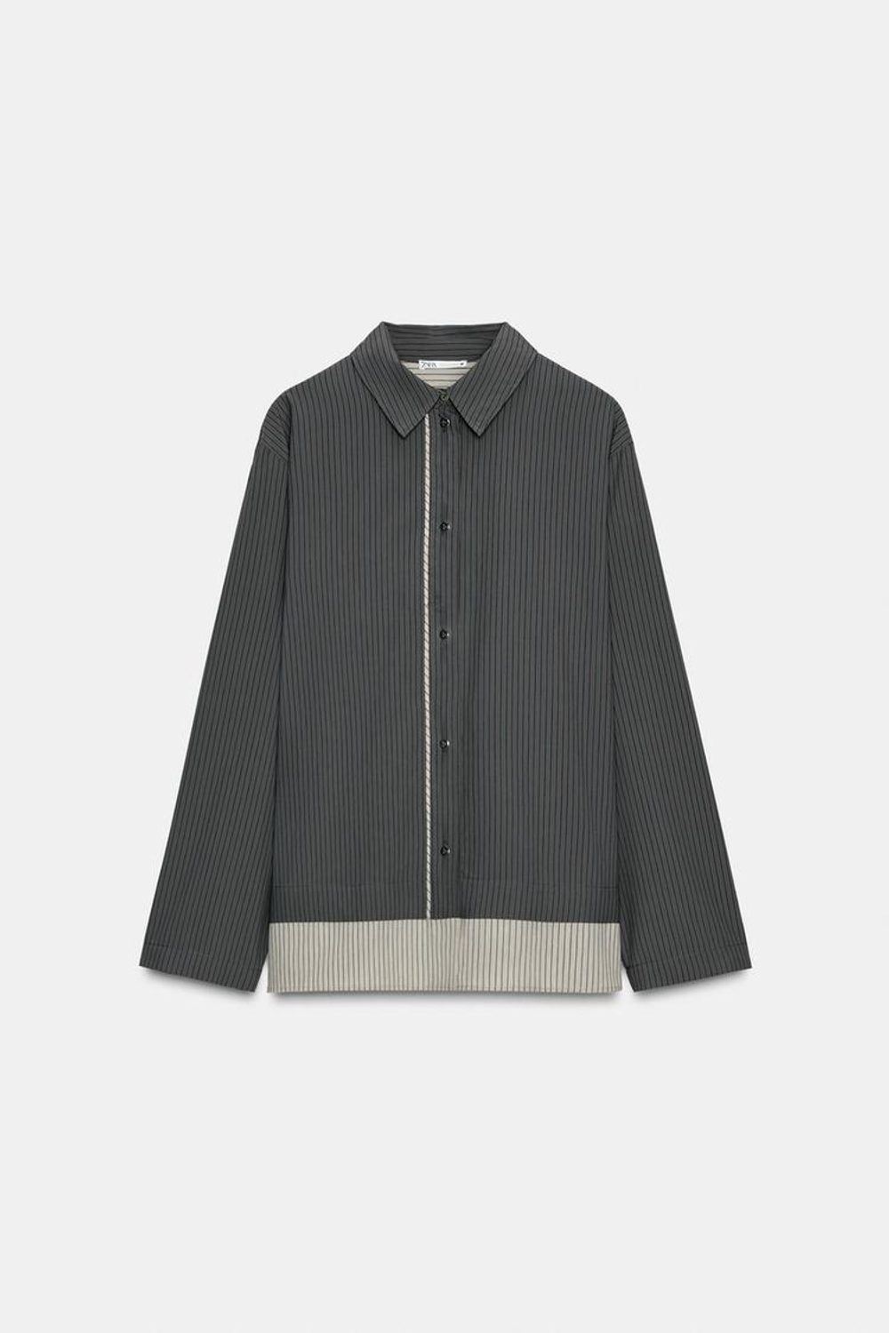 ZARA РУБАШКА В ПОЛОСКУ ИЗ СМЕСОВОЙ ВИСКОЗЫ, ТЕМНЫЙ АНТРАЦИТ