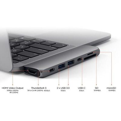 USB-Хаб Satechi Pro (USB-C) (ST-CMBP) Подключение: два коннектора USB-C. Порты: Thunderbolt 3, USB-C, 2 USB-A 3.2 Gen 1, microSD, SD, HDMI (до 4K 60 Гц)