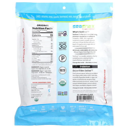 SeaSnax, Organic Roasted Seaweed Wrapz ™, оливковое масло и морская соль, 20 больших листов, 60 г (2,16 унции)