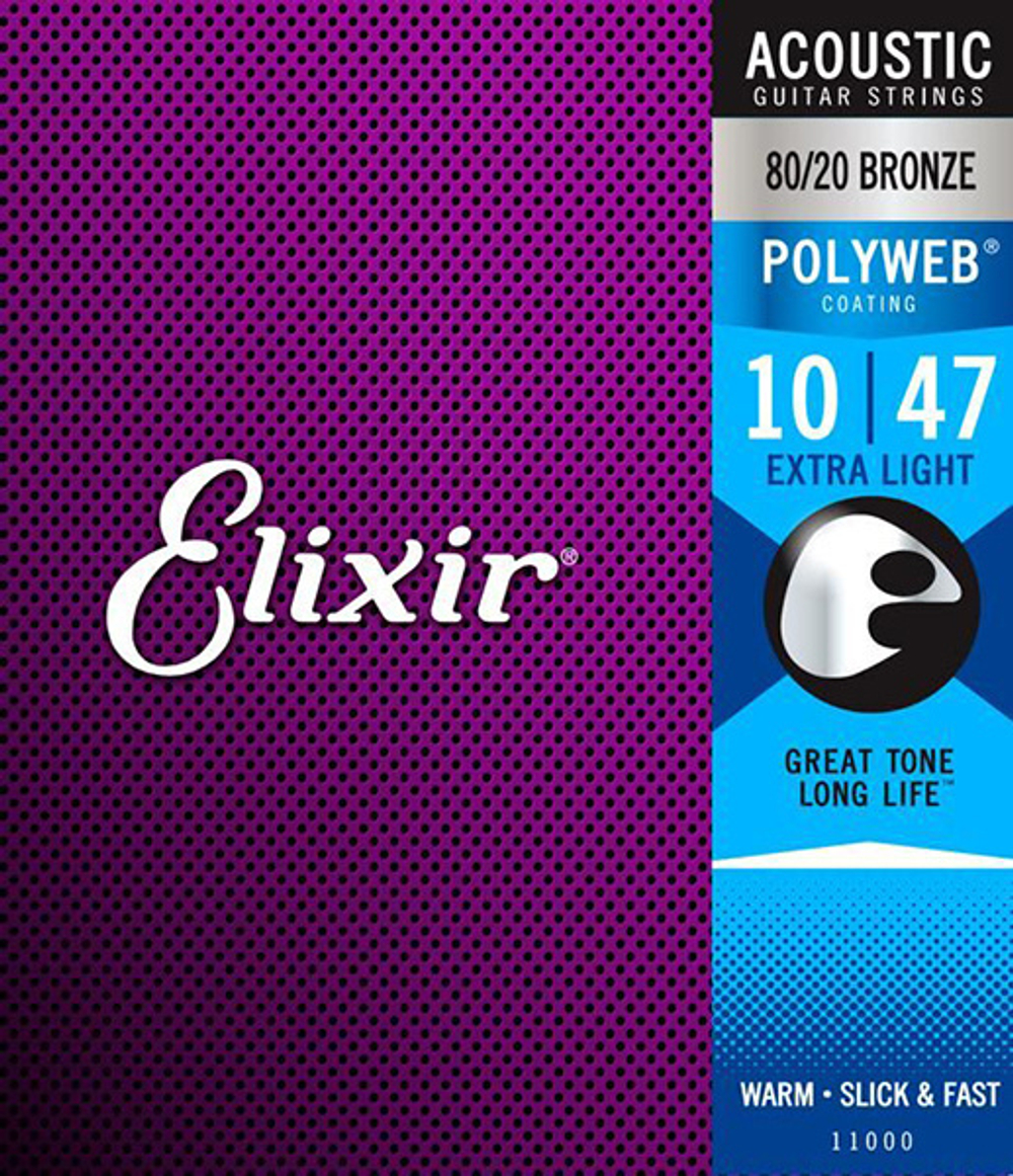 Elixir 11000 POLYWEB Комплект струн для акустической гитары с покрытием, Extra Light, бронза 80/20, 10-47.