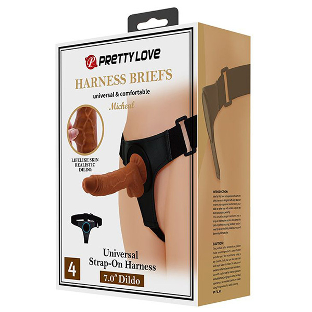 Женский коричневый страпон 20см со стыковочной платформой Pretty Love Harness Briefs Micheal BW-022092NR