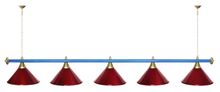Лампа STARTBILLIARDS 5 пл. (плафоны красные,штанга медь,фурнитура золото)