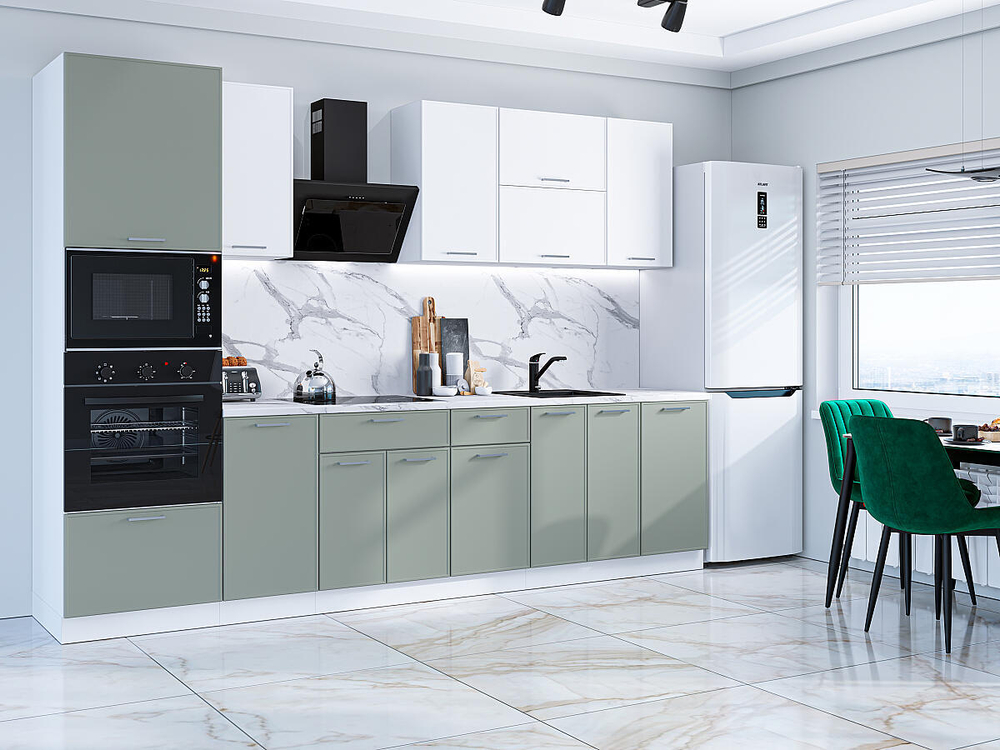 Прямая модульная кухня Квадро-01 Белый/Аквамарин - Белый 2140*3000*600