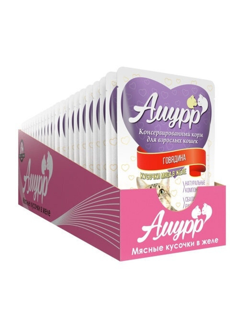 Амурр Влажный корм для взрослых кошек, говядина в желе, 24 шт x 100 г