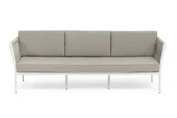 "Касабланка" диван 3-местный плетеный из роупа, каркас алюминий белый муар, роуп бежевый 20мм, ткань бежевая 052