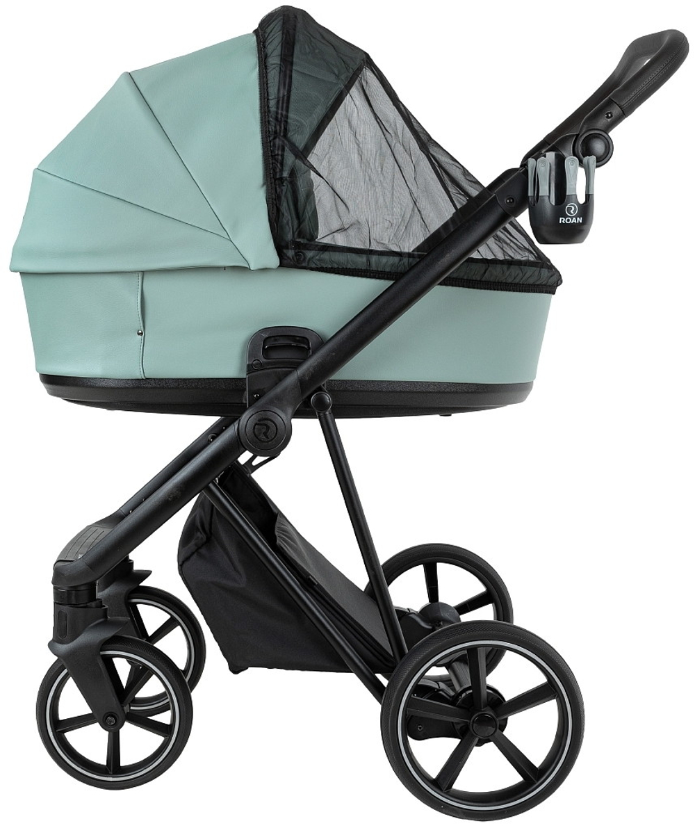 Детская коляска Roan Sol Vintage Leather 2.0 3 в 1 с автокреслом Tutis Elo Lux EduSky Black SL/13/L Misti Mint/Grey/руч. Серый