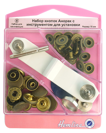 Набор кнопок Анорак с инструментом для установки, 15 мм, 10 пар, цвет античная бронза (10013160/0412