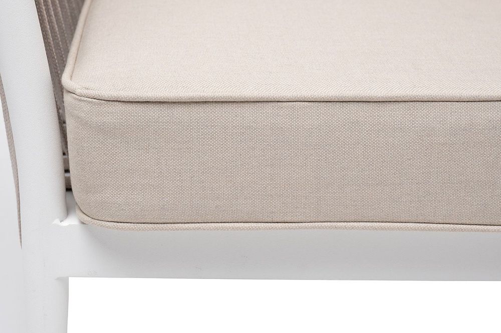 "Касабланка" диван 2-местный плетеный из роупа, каркас алюминий белый муар, роуп бежевый 20мм, ткань бежевая 035