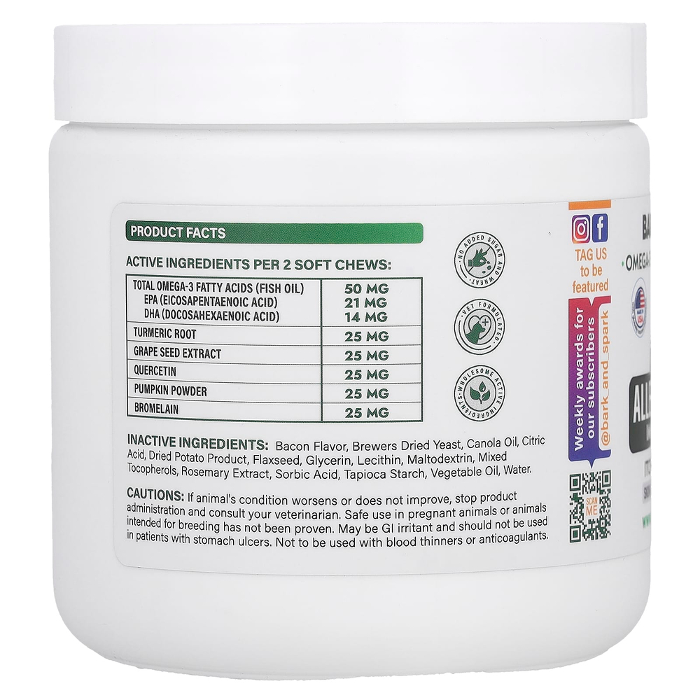 Bark&Spark, Allergy Relief Immune Chews, средство от зуда на коже, для собак, со вкусом бекона, 120 жевательных таблеток, 264 г (9,3 унции)