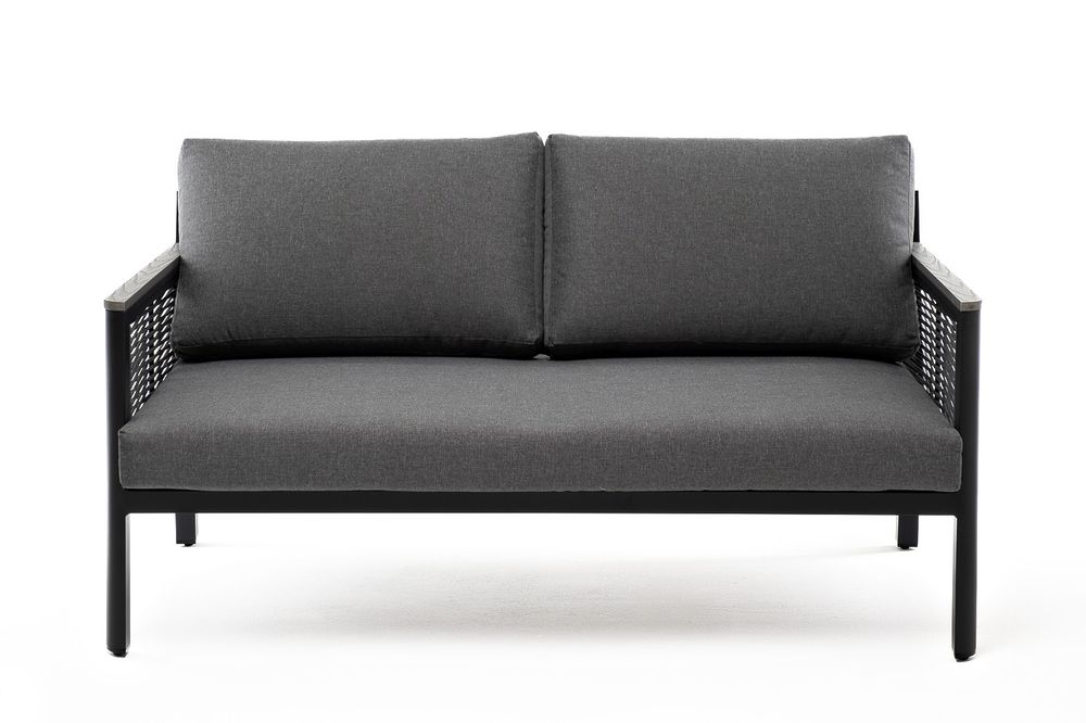 "Сан Ремо" диван 2-местный плетеный из роупа, каркас алюминий темно-серый, роуп серый, ткань серая