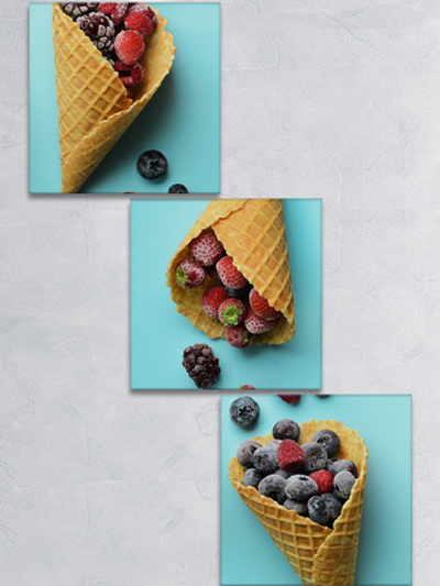 Картина на стекле трёхмодульная Ягоды в вафельном рожке Декор для дома, подарок