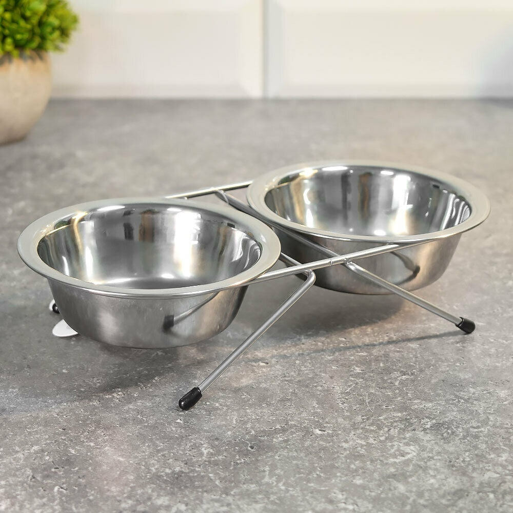 Миска для животных 2шт*180мл на подставке, нерж