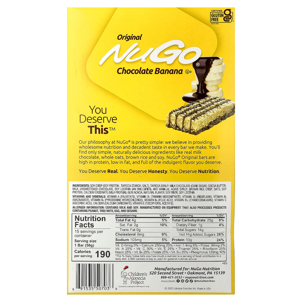 NuGo Nutrition, протеиновые батончики, шоколад и банан, 15 батончиков по 50 г (1,76 унции)