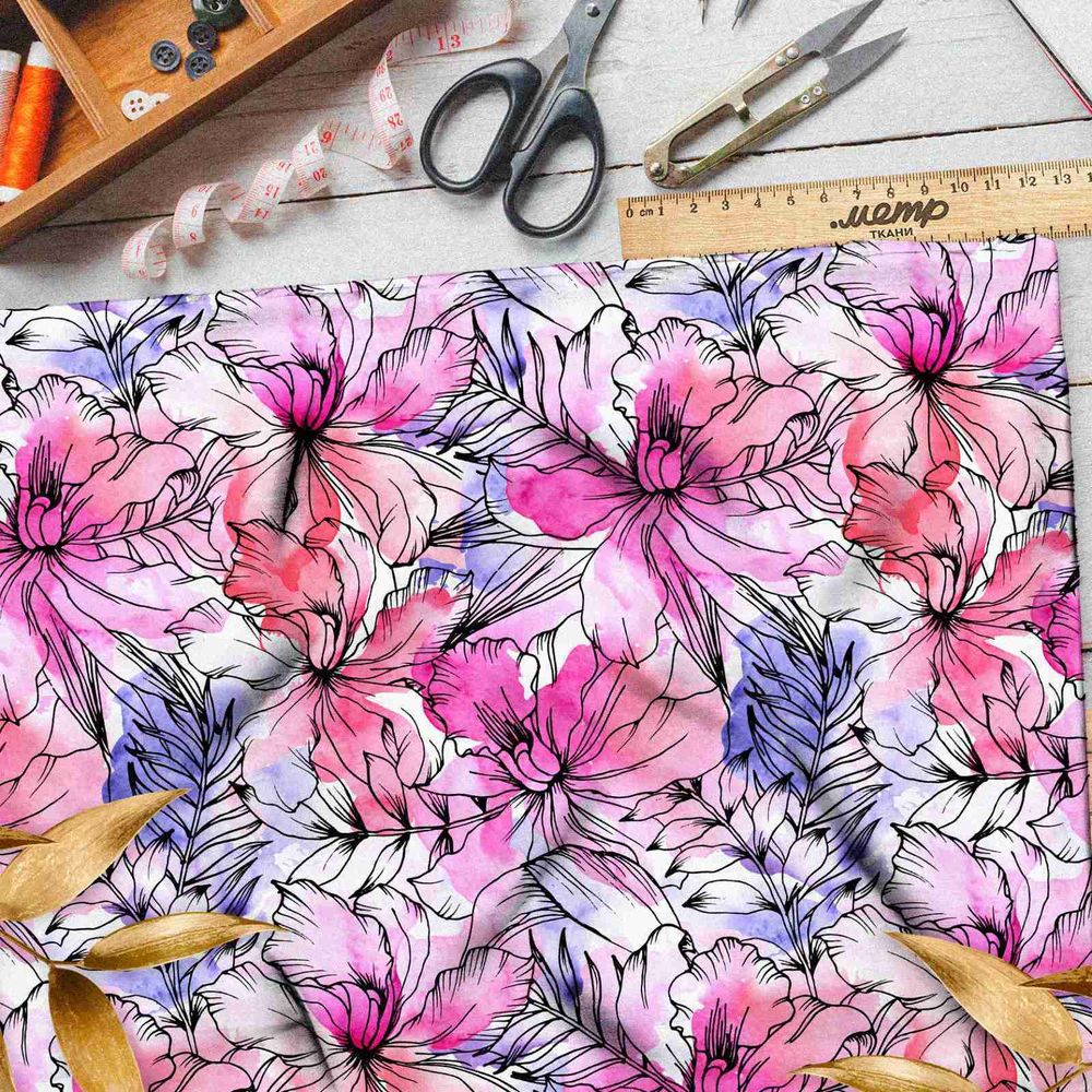 Ткань оксфорд 210 розовые очертания цветов