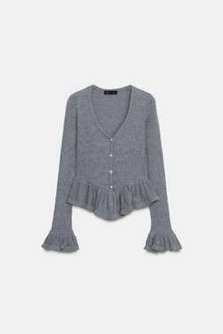 ZARА КАРДИГАН ИЗ МЯГКОЙ ТКАНИ С ВОЛАНАМИ, СЕРЫЙ МЕЛАНЖ