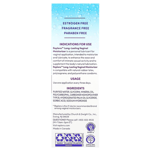 Replens, Personal Lubricant, увлажняющий крем для влагалища длительного действия, 8 предварительно заполненных аппликаторов по 6,7 г (0,24 унции)