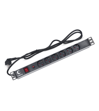 Cabeus PDU-6P-F-2EU Блок евророзеток для 19" шкафов, горизонтальный, 6 розеток, фильтр, 16 A, выключатель, шнур 2м, алюминиевый корпус, немецкий стандарт