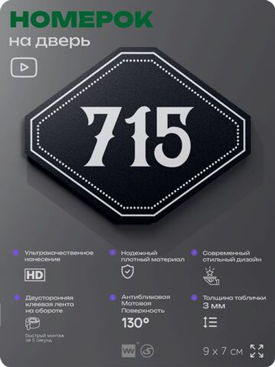 Номерок на дверь квартиры 715, для кабинета, офиса, шильдик 9 х 7 см, черный, Айдентика Технолоджи