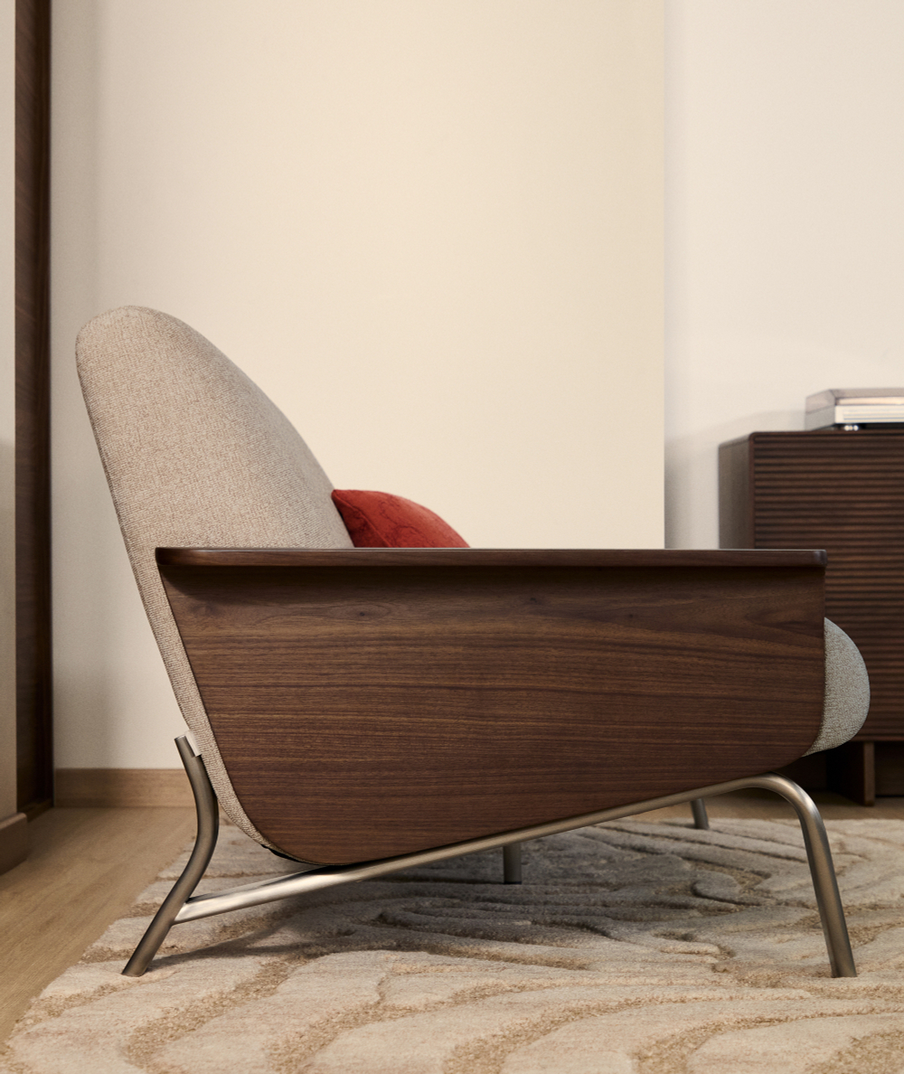 2-местный диван Amsen светло-коричневый с подлокотниками из шпона ореха