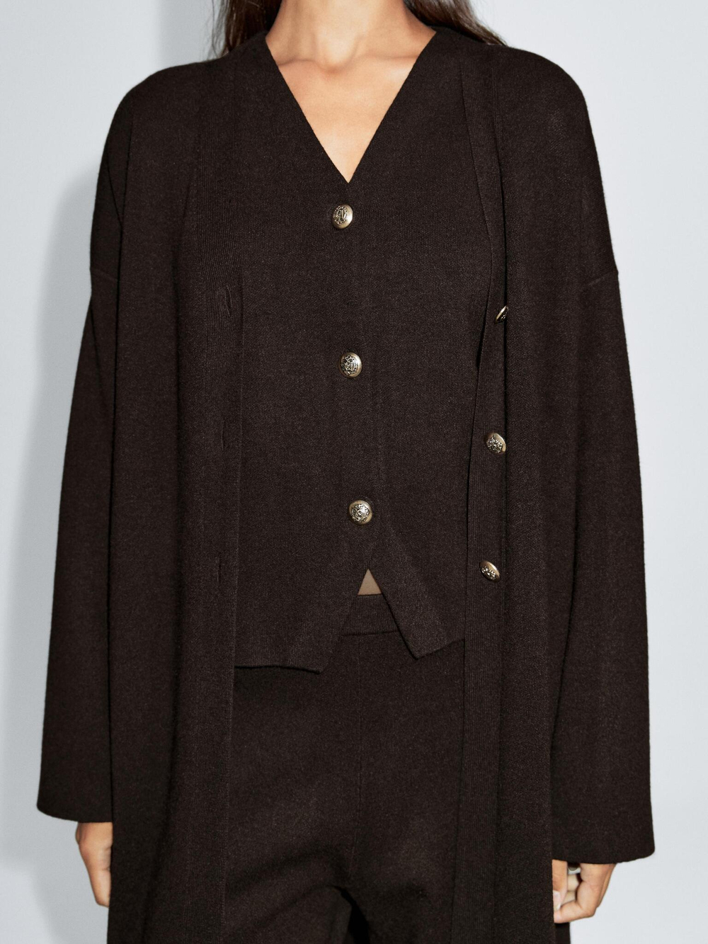 Massimo Dutti Длинный вязаный кардиган с золотыми пуговицами, коричневый