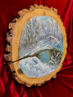 Зимний ручей - картина маслом на срезе дуба с корой | Художница Ольга Ефимова