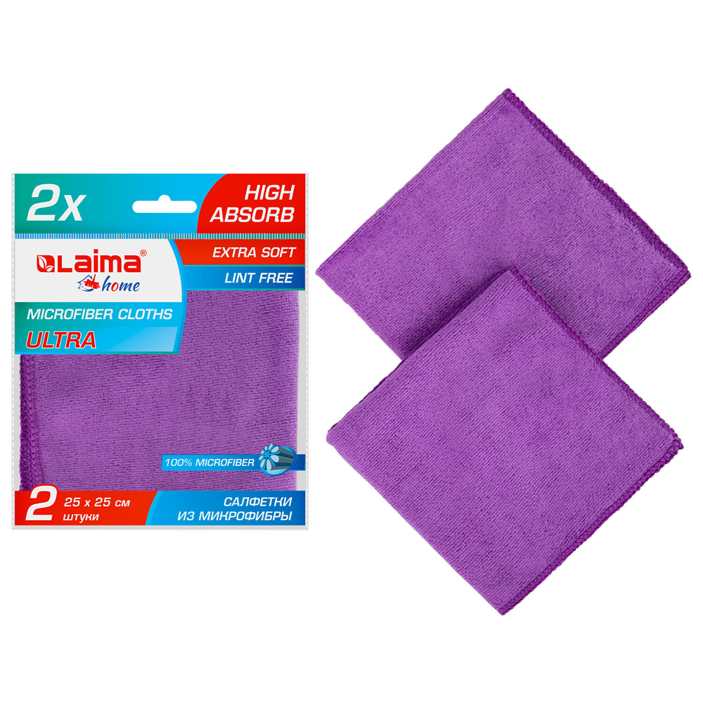 Салфетка из МИКРОФИБРЫ универсальная 25х25 см комплект 2 шт. MULTI FIBER ULTRA 280 г/м2 LAIMA (6 штук в упаковке)