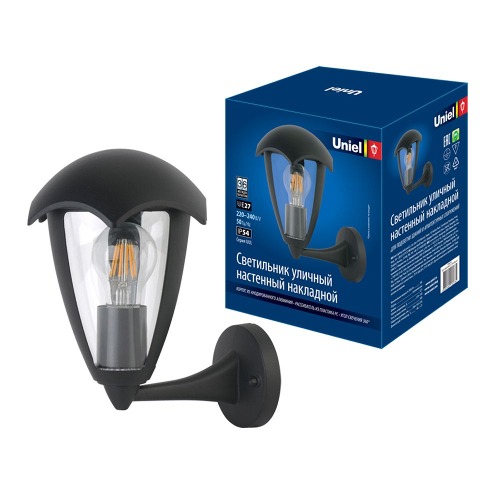 UUL-S80A 60W/E27 IP54 BLACK Светильник  уличный, под лампу Е27. Архитектурный накладной. Корпус черный. TM Uniel