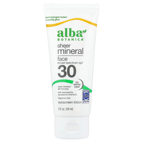 Alba Botanica, прозрачный минеральный солнцезащитный лосьон для лица, SPF 30, без отдушек, 59 мл (2 жидк. унции)