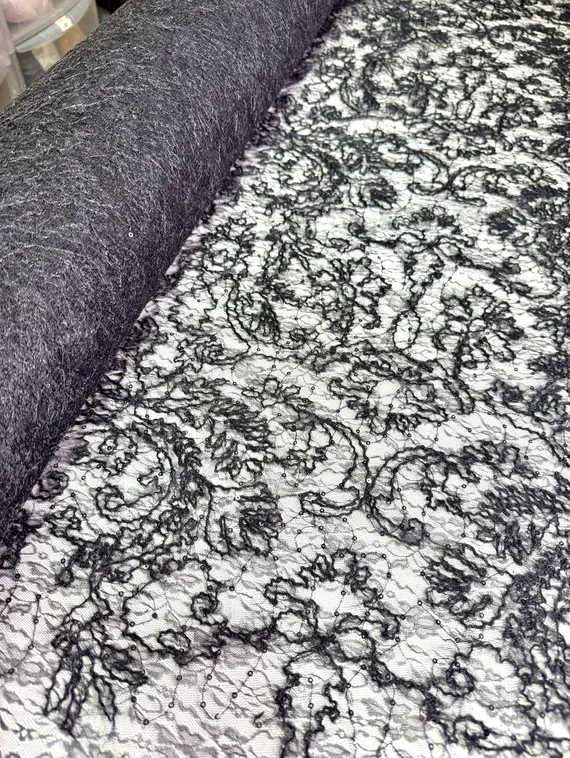 Гипюр кружевной с вышивкой "веревочка" и пайетками, арт.30, Китай, черный