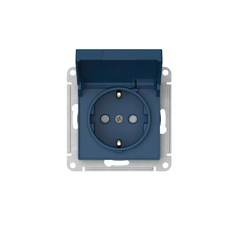 ATLASDESIGN РОЗЕТКА с заземлением со шторками с крышкой,16А,IP20, мех.,быстрозажим. клем., АКВАМАРИН