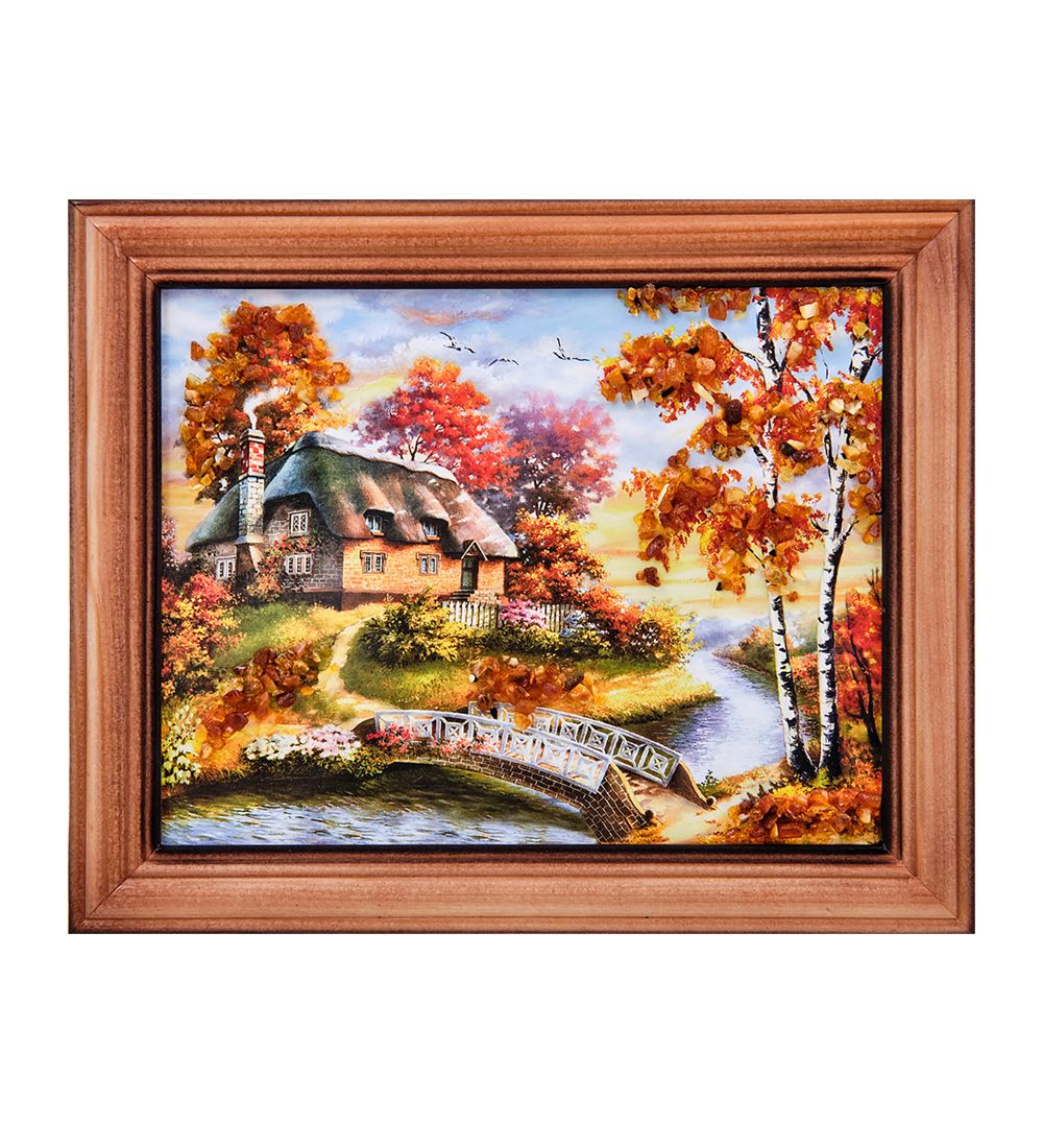 AMB-74/19 Картина «Домик у реки» (с янтарной крошкой) дер.краш.рамка 12х15