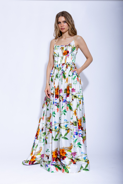 Женское длинное белое платье-сарафан с цветочным принтом