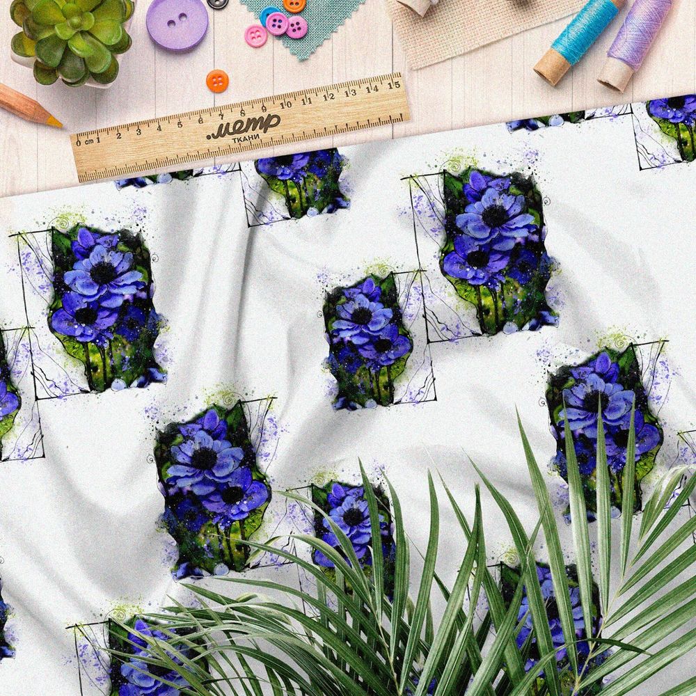 Ткань блэкаут васильки на черных квадратах