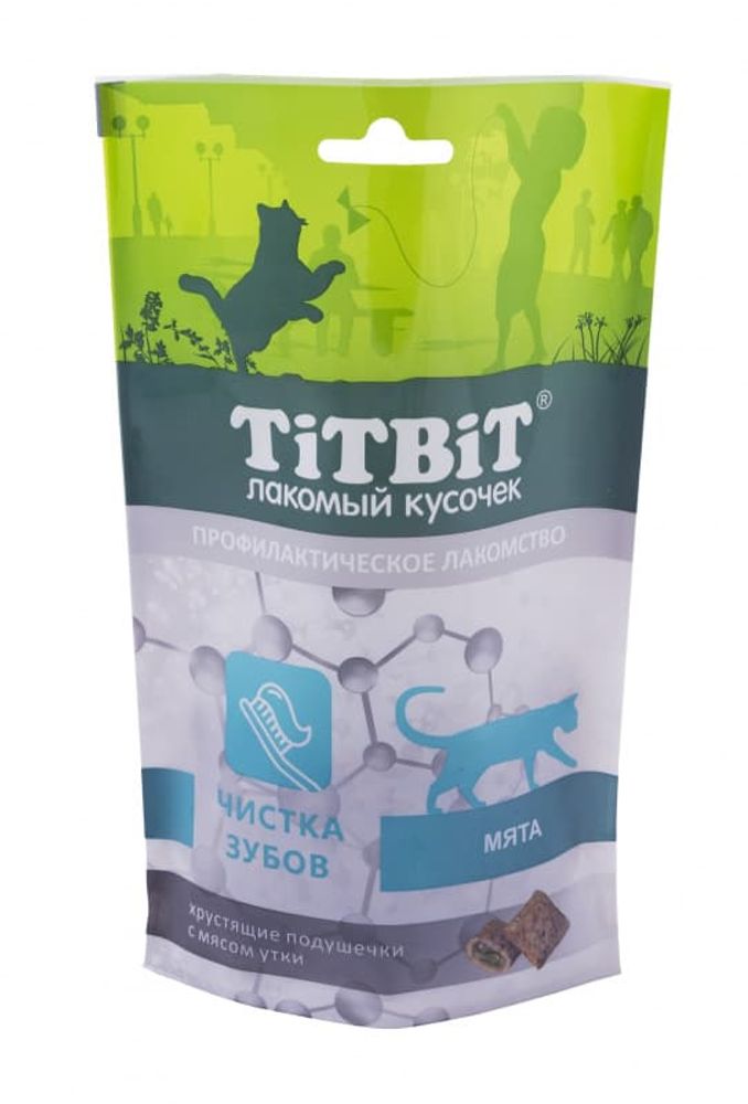 Лакомство для кошек Titbit Хрустящие подушечки с мясом утки, чистка зубов, пакет 60г Лакомство для кошек Titbit Хрустящие подушечки с мясом утки, чистка зубов, пакет 60г
