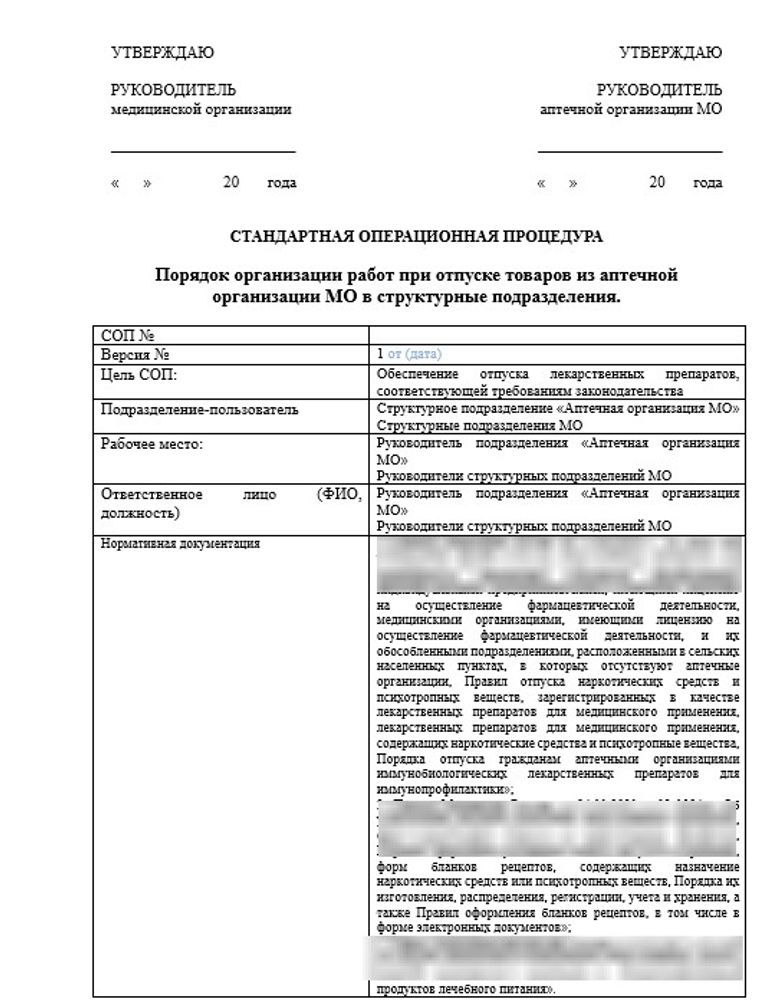 СОП «Порядок организации работ при отпуске товаров из аптечной организации МО в структурные подразделения» для больничной аптеки