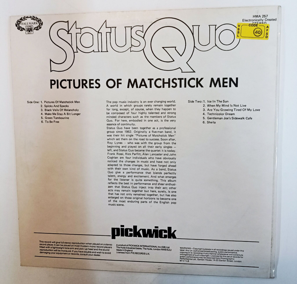 Винтажная виниловая пластинка LP Status Quo Pictures Of Matchstick Men (UK 1976)