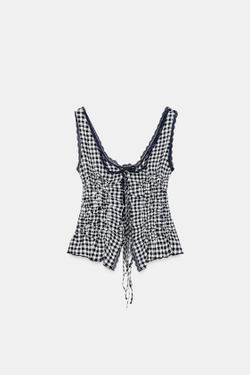 ZARA ДРАПИРОВАННЫЙ ТОП В КЛЕТКУ ВИШИ, ЭКРЮ/СИНИЙ