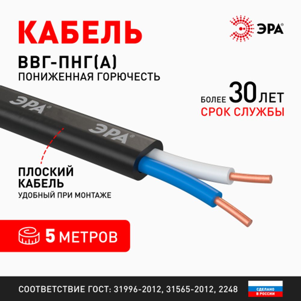 Кабель ЭРА ВВГ-Пнг(А) 2х2,5(N) 5м | Кабель ВВГ-Пнг(А)
