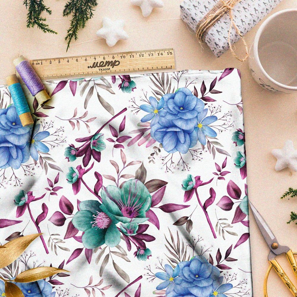 Ткань шифон крупные яркие цветы и сиреневые листья