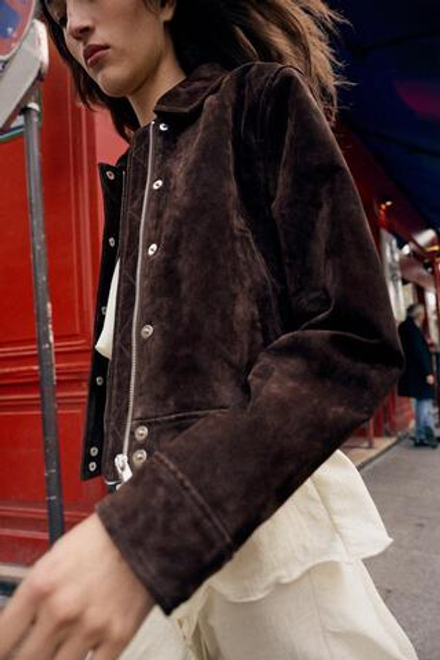 ZARA КУРТКА ИЗ 100% ЗАМШИ, ТЕМНО-КОРИЧНЕВЫЙ