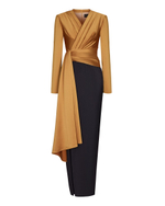 Платье макси драпированное из сатина с объемными плечами