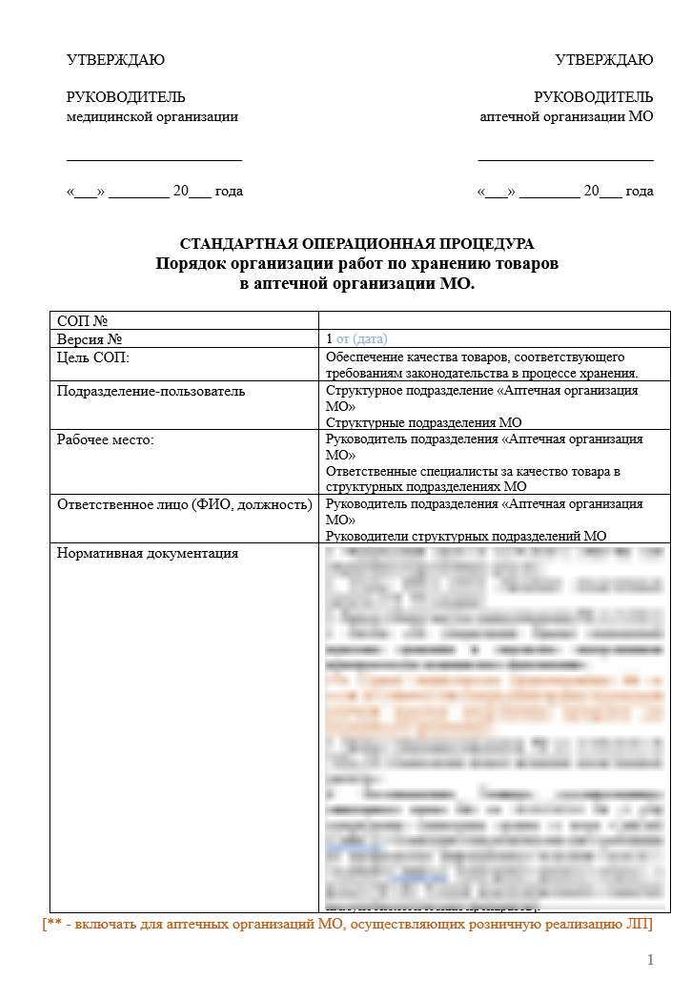 СОП «Порядок организации работ по хранению товаров аптечного ассортимента в аптечной организации МО» в больничной аптеке