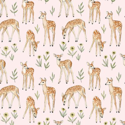 Милые оленята и цветочки на розовом фоне