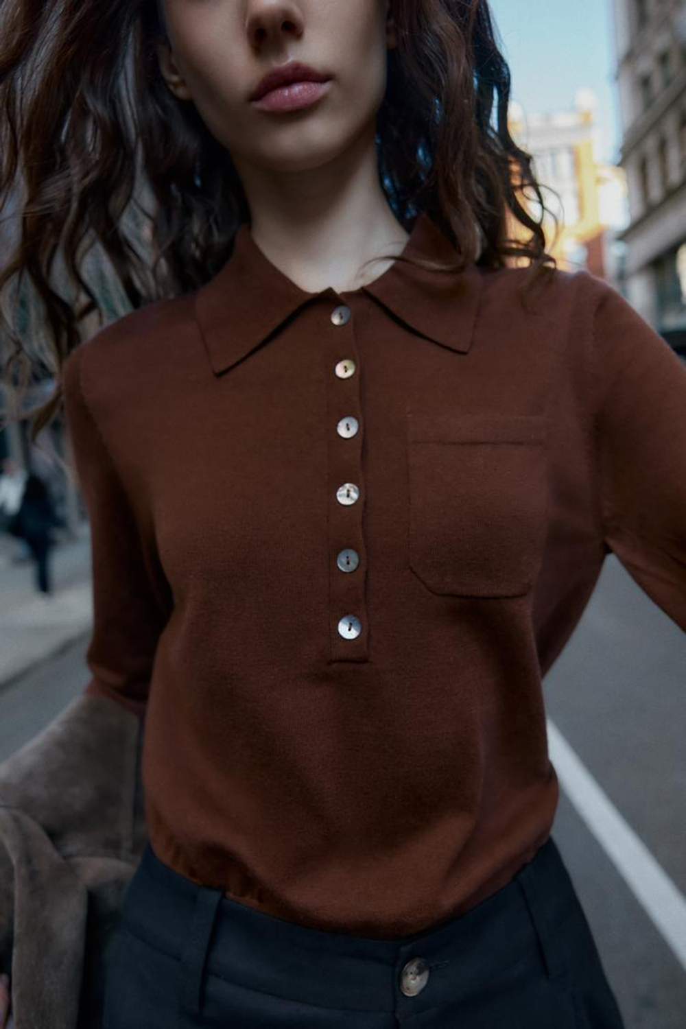 ZARA БАЗОВОЕ ПОЛО ИЗ СМЕСОВОЙ ШЕРСТИ, ШОКОЛАДНЫЙ