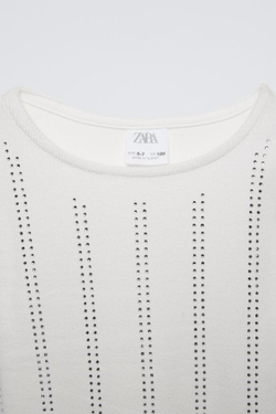 ZARA ФУТБОЛКА В РУБЧИК СО СТРАЗАМИ, БЕЛЫЙ