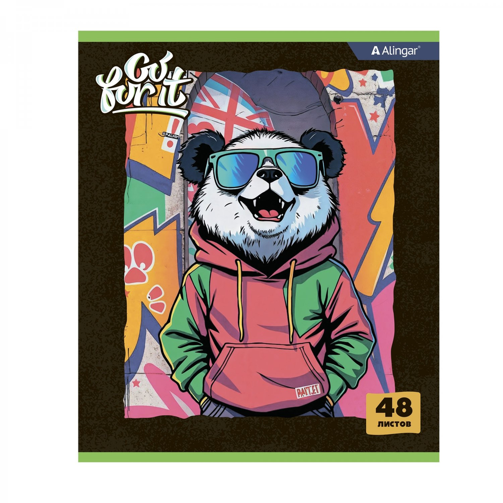 Тетрадь 48л., А5, клетка, Alingar "Go for it", скрепка, мелованный картон (стандарт), блок офсет, 4 дизайна в пленке т/у