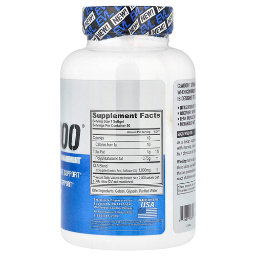 EVLution Nutrition, CLA1000®, средство для коррекции веса без стимуляторов, 90 капсул (1000 мг в 1 капсуле)